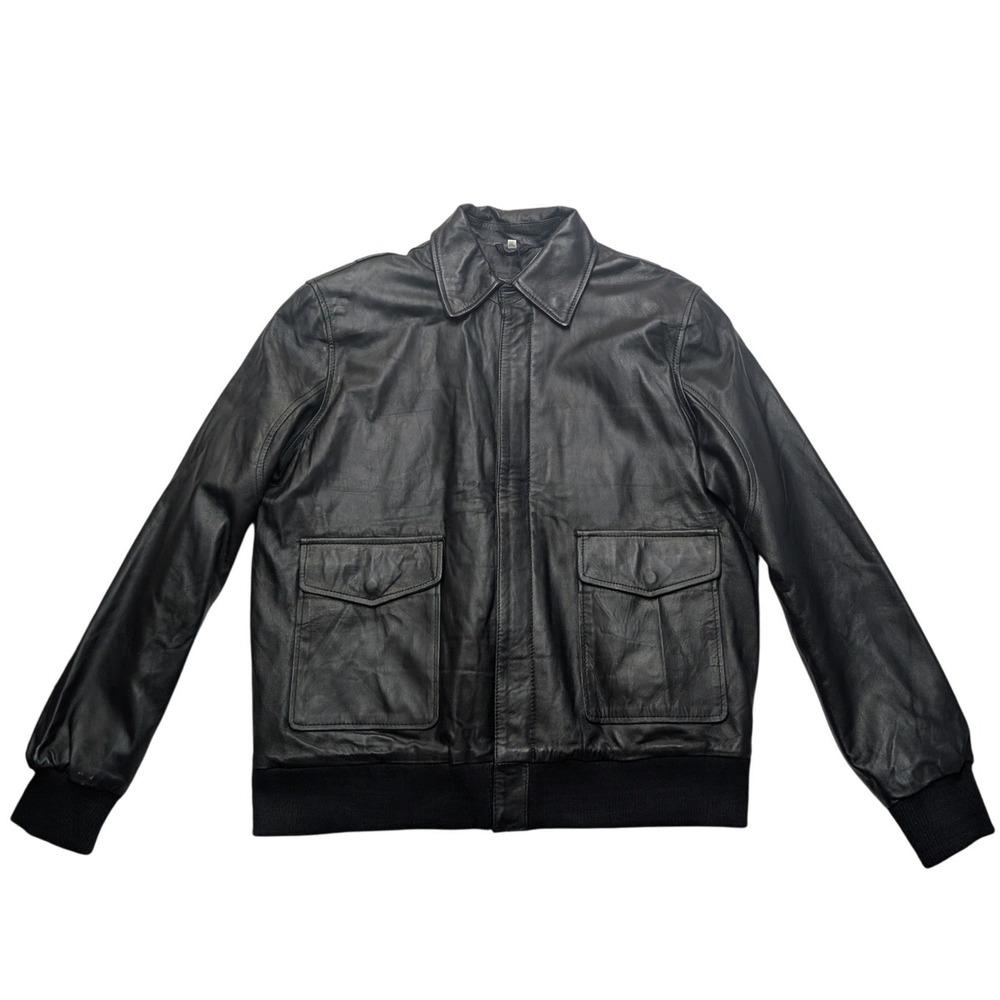 Real Leather Garments Bomber Jacket Mens 2XL Black Genuine Leather Flight Coat